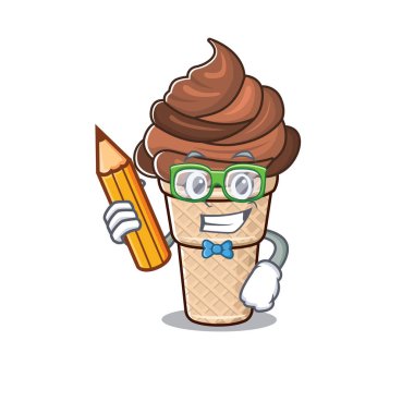 Akıllı öğrenci çikolatalı dondurma karakteri. Kalem ve gözlüklü.