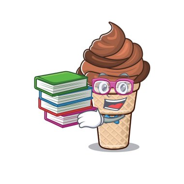Çikolatalı dondurma maskotu tasarımı ve kitabı olan çalışkan bir öğrenci.