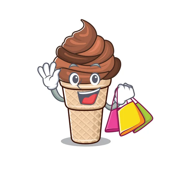 Feliz rico chocolate helado mascota diseño ondeando y sosteniendo bolsa de compras — Vector de stock