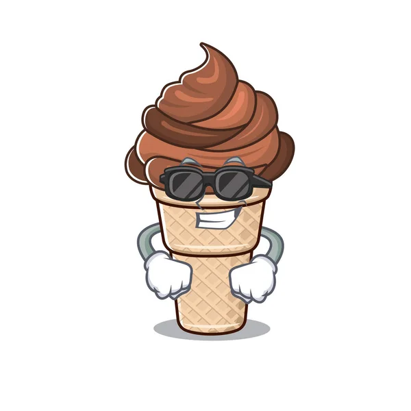 Personagem de mascote de sorvete de chocolate super legal usando óculos pretos — Vetor de Stock