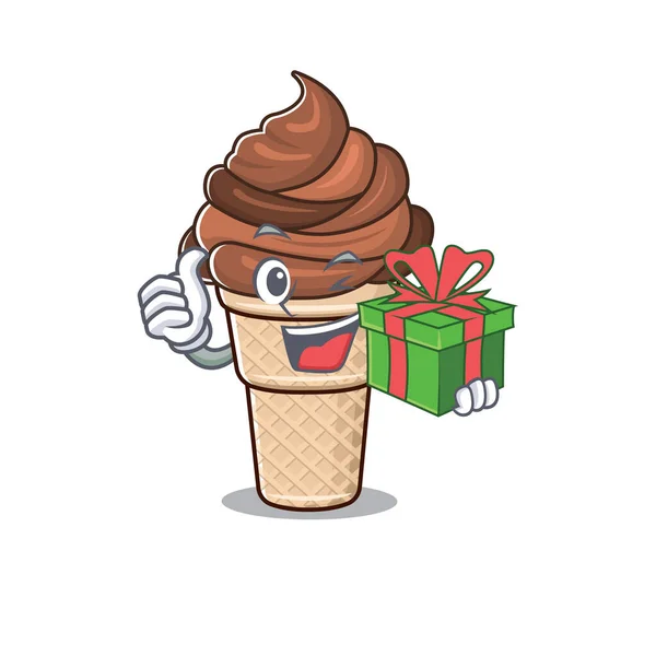 Smiley chocolate helado personaje de dibujos animados que tiene una caja de regalo — Vector de stock