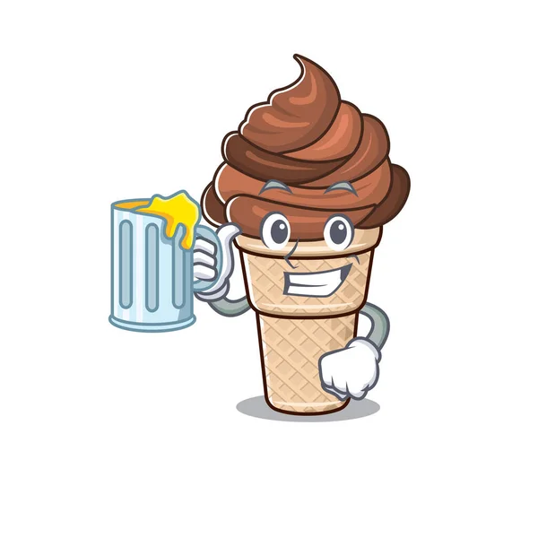 Diseño alegre de la mascota del helado de chocolate con un vaso de cerveza — Vector de stock