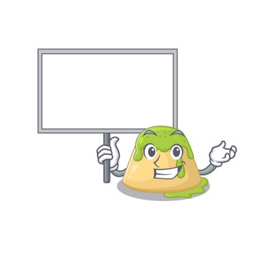 Puding yeşili çay sevimli çizgi film karakteri bir tahta getir.