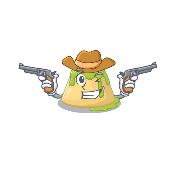 Vtipný pudink zelený čaj jako kovboj kreslený postava drží zbraně — Stockový vektor