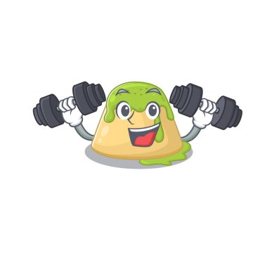 Gülen spor salonu puding yeşil çay çizgi film karakteri halter kaldırıyor.