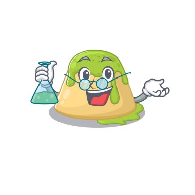 Zeki puding yeşil çay maskotu tasarımı profesörü cam bir tüp tutuyor.