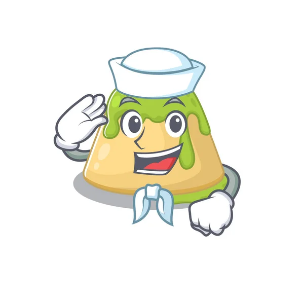 Cute puding hijau teh Sailor karakter kartun mengenakan topi putih - Stok Vektor