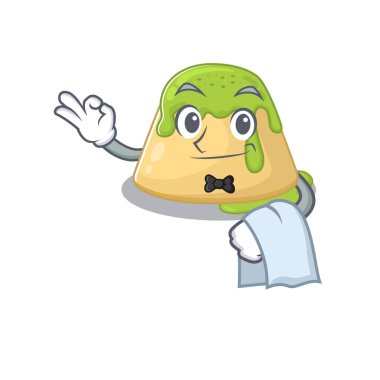 Bir puding yeşil çay çizgi film karakteri tasarımı. Garson olarak çalışıyor.