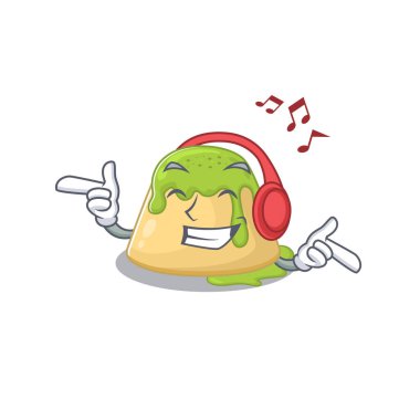 Müzik pudinginin, yeşil çay çizgi film maskot tasarımının tadını çıkarıyor.