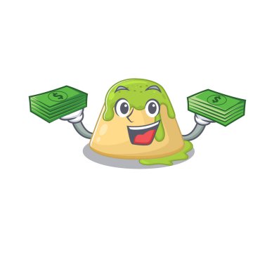 Mutlu yüz pudingi yeşil çay karakteri. Elinde para var.