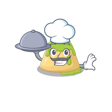 Şef çizgi film karakteri olarak puding yeşili çay ve tepside yemek.