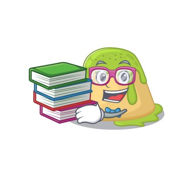 Çalışkan bir öğrenci puding yeşil çay maskotu tasarımı kitap ile
