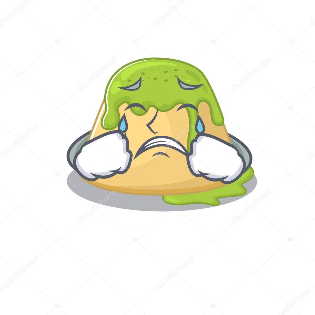 A Crying pudding green tea cartoon mascot design style