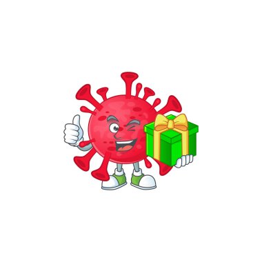 Neşeli koronavirüs amip çizgi film karakteri bir hediye kutusu tutuyor.