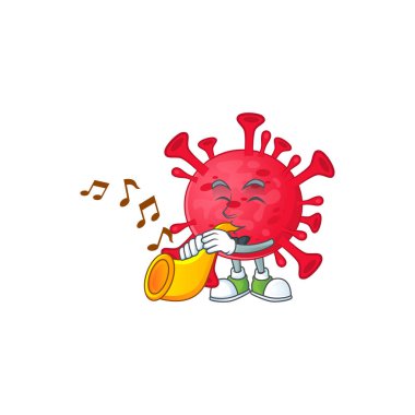Coronavirus amip çizgi film karakteri trompetle müzik çalıyor.
