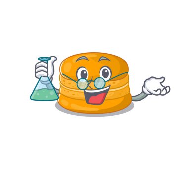 Akıllı turuncu makaron maskotu profesörü elinde cam bir tüp tutuyor.