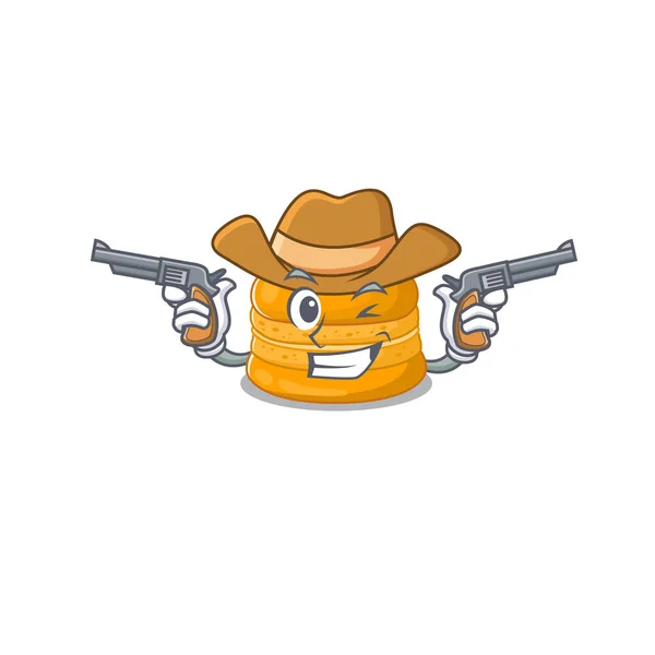 Смішний помаранчевий макарон як ковбойський мультиплікаційний персонаж тримає зброю — стоковий вектор