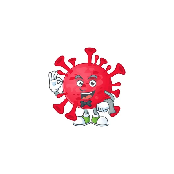 Un personaje de camarero de ameba coronavirus trabajando en el restaurante — Vector de stock