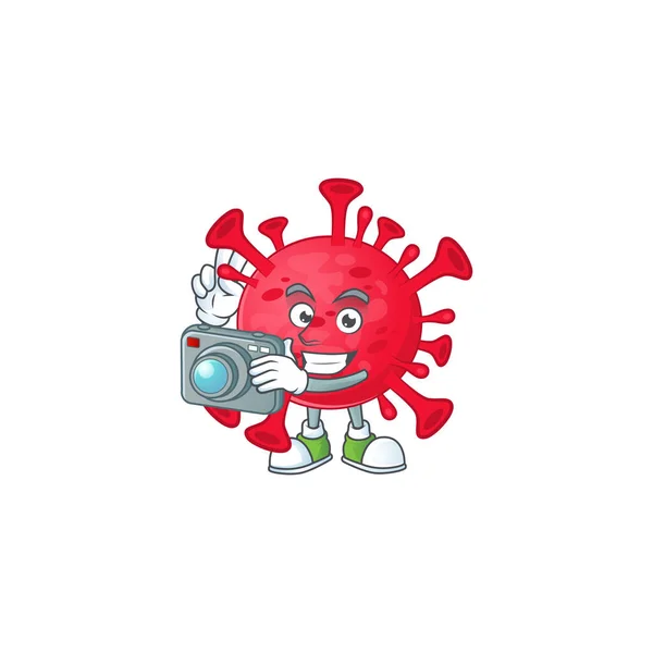 Projekt maskotki amoeba Coronavirus jako profesjonalny fotograf z aparatem — Wektor stockowy