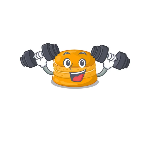 Smiley Fitness exercice orange macaron personnage de dessin animé élever des cloches — Image vectorielle