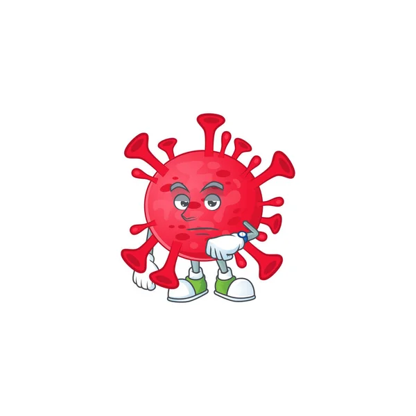 Un icono de dibujos animados de la ameba coronavirus con gesto de espera — Vector de stock