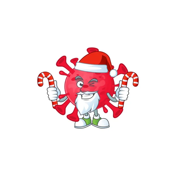 Friendly coronavirus ameba w postaci Santa Cartoon z cukierkami — Wektor stockowy