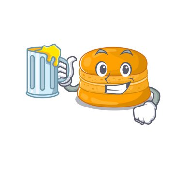Cheerful orange macaron mascot design with a glass of beer