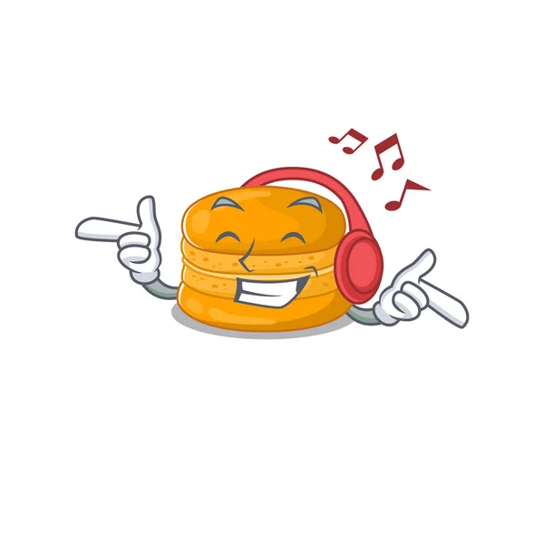 Enjoying music orange macaron cartoon mascot design — Stok Vektör