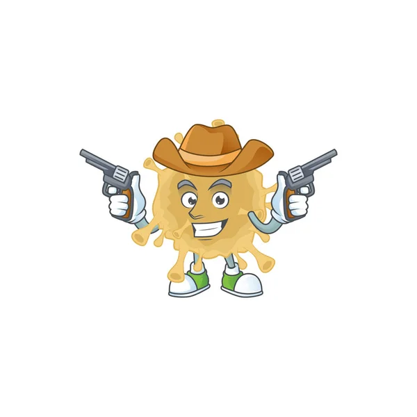 Projeto legal dos desenhos animados cowboy de partículas coronavírus segurando armas — Vetor de Stock