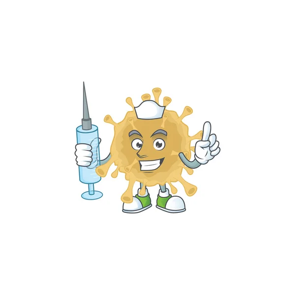 Przyjemna pielęgniarka w stylu maskotki cząsteczek koronawirusa używająca strzykawki — Wektor stockowy