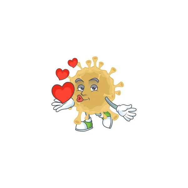 A romantic cartoon character of coronavirus particle with a heart — ストックベクタ