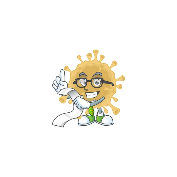 Cartoon character of coronavirus particle holding menu on his hand — 图库矢量图片