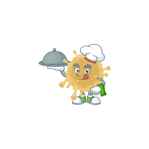 Chef personaje de dibujos animados de la partícula coronavirus con comida en bandeja — Vector de stock