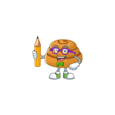 Kanelbulle zeki öğrenci karakteri kalem kullanıyor. Vektör illüstrasyonu