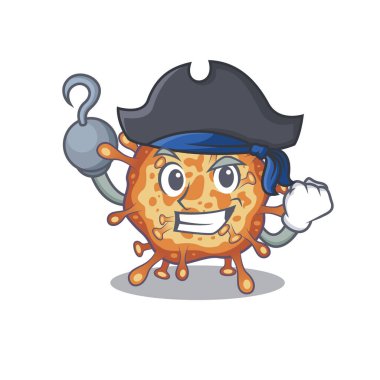 Cool retro virus corona in one hand Pirate cartoon design style with hat