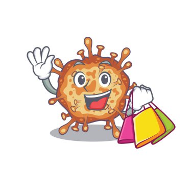 Happy rich retro virus corona mascot design waving and holding Shopping bag