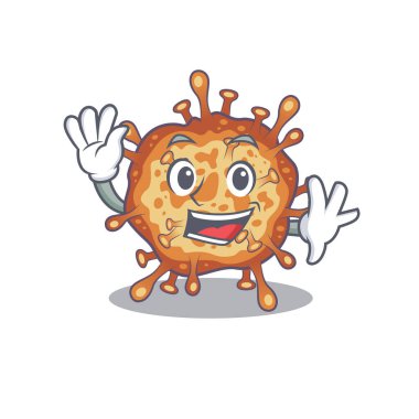 Smiley retro virus corona cartoon mascot design with waving hand
