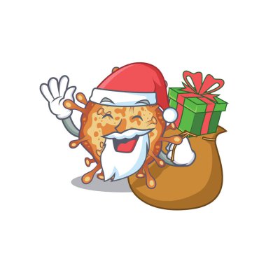 Santa retro virus corona Cartoon character design with box of gift