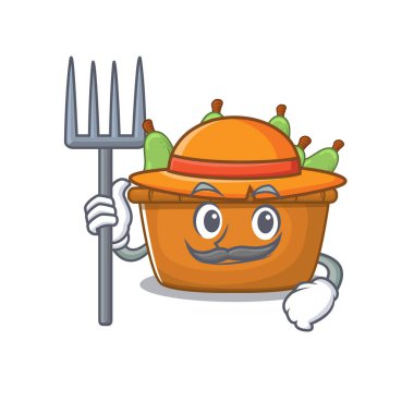 Çiftçi çizgi filminde şapkası ve yabası olan armut meyve kutusu.