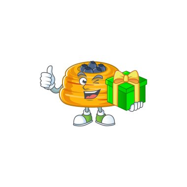 Neşeli Kataifi çizgi film karakteri elinde hediye kutusu tutuyor.