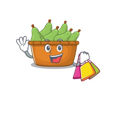 Mutlu armut kutusu maskotu tasarımı el sallıyor ve alışveriş torbası tutuyor.