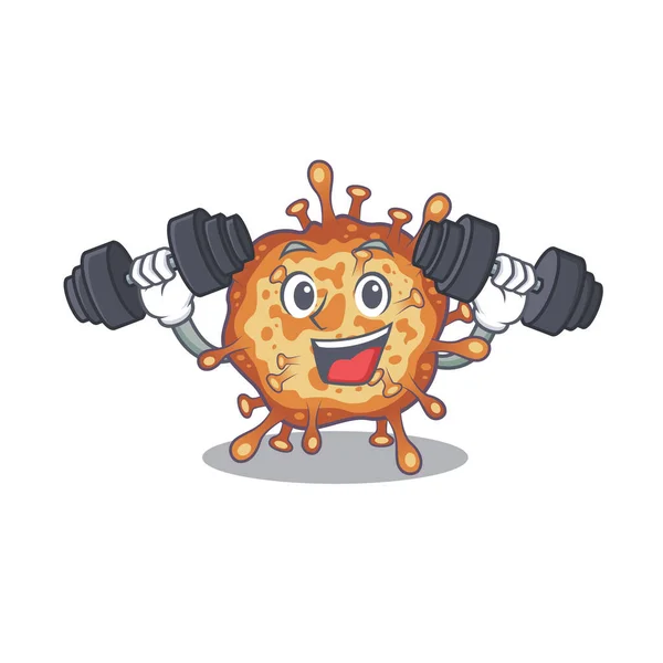 Smiley Fitness exercício retro vírus corona desenho animado personagem levantando sinos —  Vetores de Stock