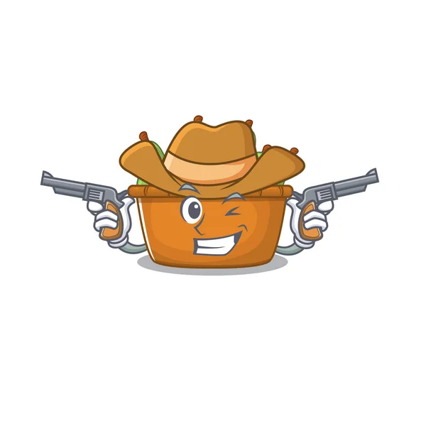 Caixa de frutas de pêra engraçada como um personagem de desenho animado cowboy segurando armas —  Vetores de Stock