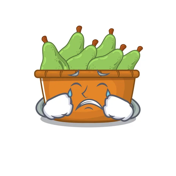 Un pianto pera frutta scatola cartone animato stile di disegno della mascotte — Vettoriale Stock