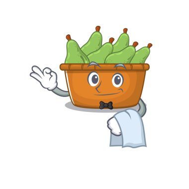 Garson olarak çalışan armut meyve kutusu çizgi film karakteri tasarımı.