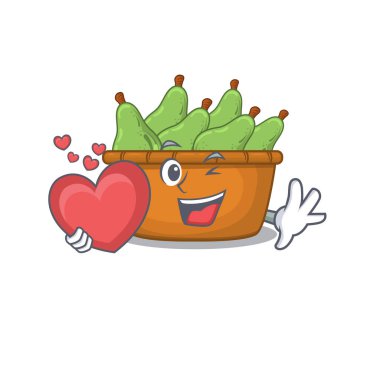 Armut meyve kutusunun kalbini tutan romantik bir çizgi film tasarımı.