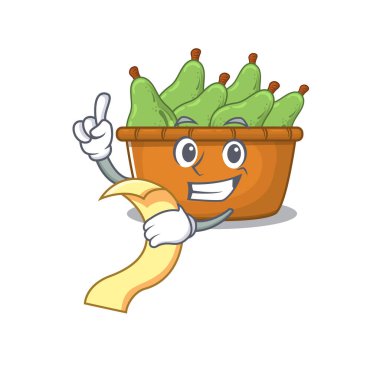 Armut meyve kutusunun çizgi film karakteri servis için hazır bekliyor. Vektör illüstrasyonu