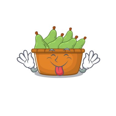 Komik armut suratlı meyve kutusu maskotu stili, dili dışarıda. Vektör illüstrasyonu