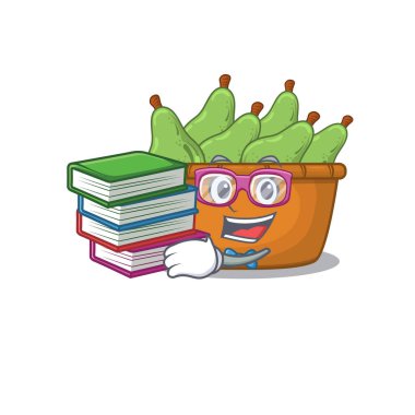 Armut meyve kutusu maskotu tasarımında kitap okuyan çalışkan bir öğrenci. Vektör illüstrasyonu