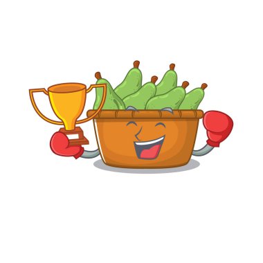 Boks şampiyonu armut kutusunun mutlu yüzü maskot tasarımı tarzında. Vektör illüstrasyonu